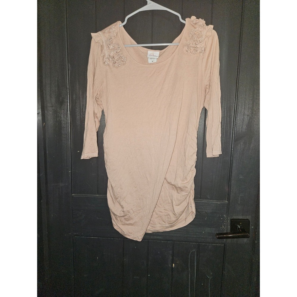 Motherhood Maternity Top Tan Ruffle Shoulder Long Sleeve Shirt